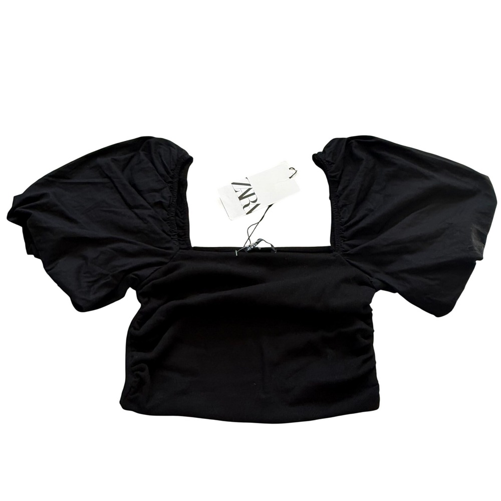 Zara Black Puff Sleeve Square Neck Ribbed Ruched Crop Top 1509/124/527 Small NEW